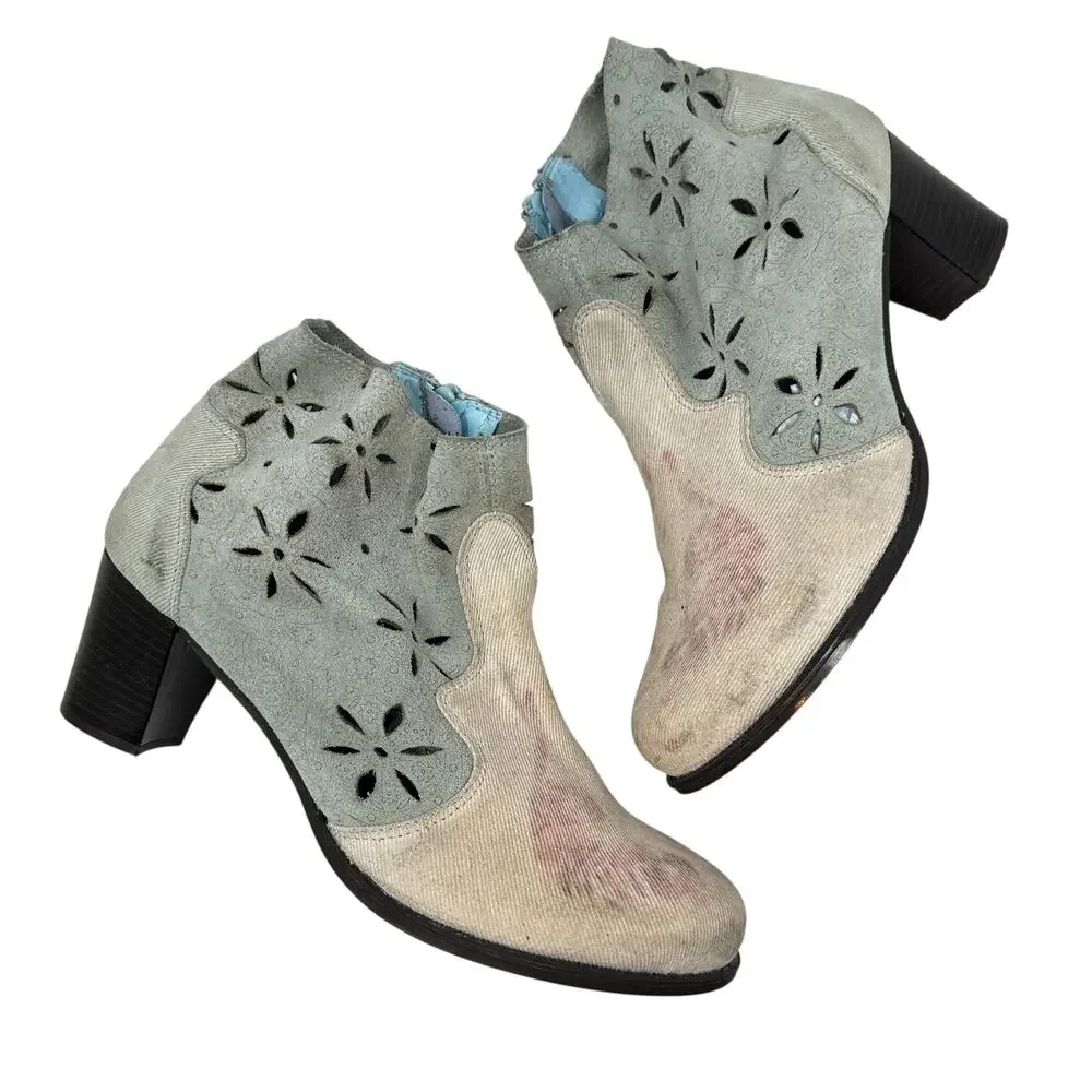 Desigual Ankle Boots Cutwork Tiger Print‎ Heeled Blue Cream Pink Size 41 US 10